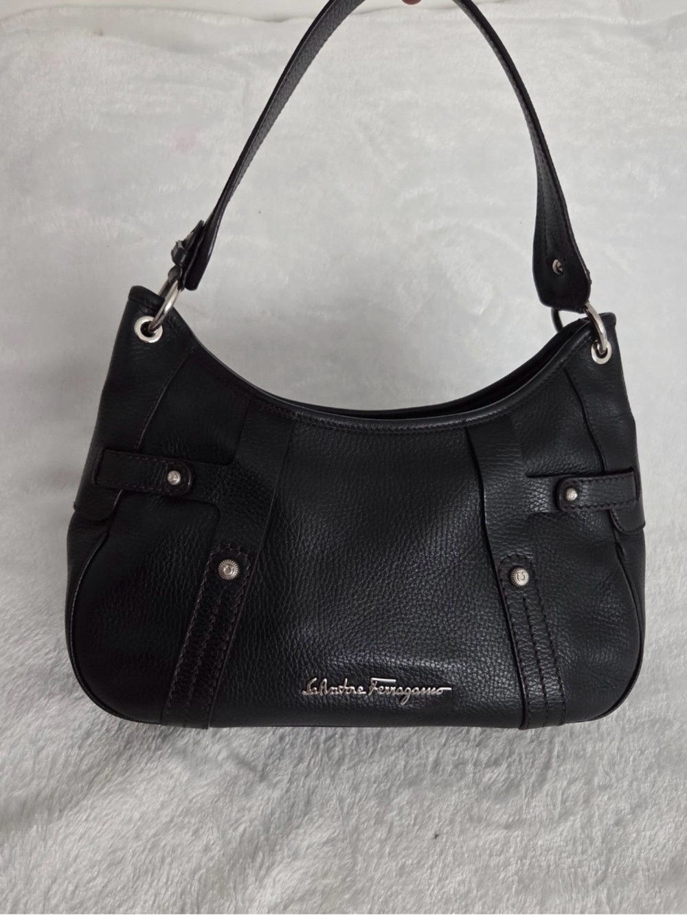 Salvatore Ferragamo Black Leather Shoulder Bag with Silver Hardware